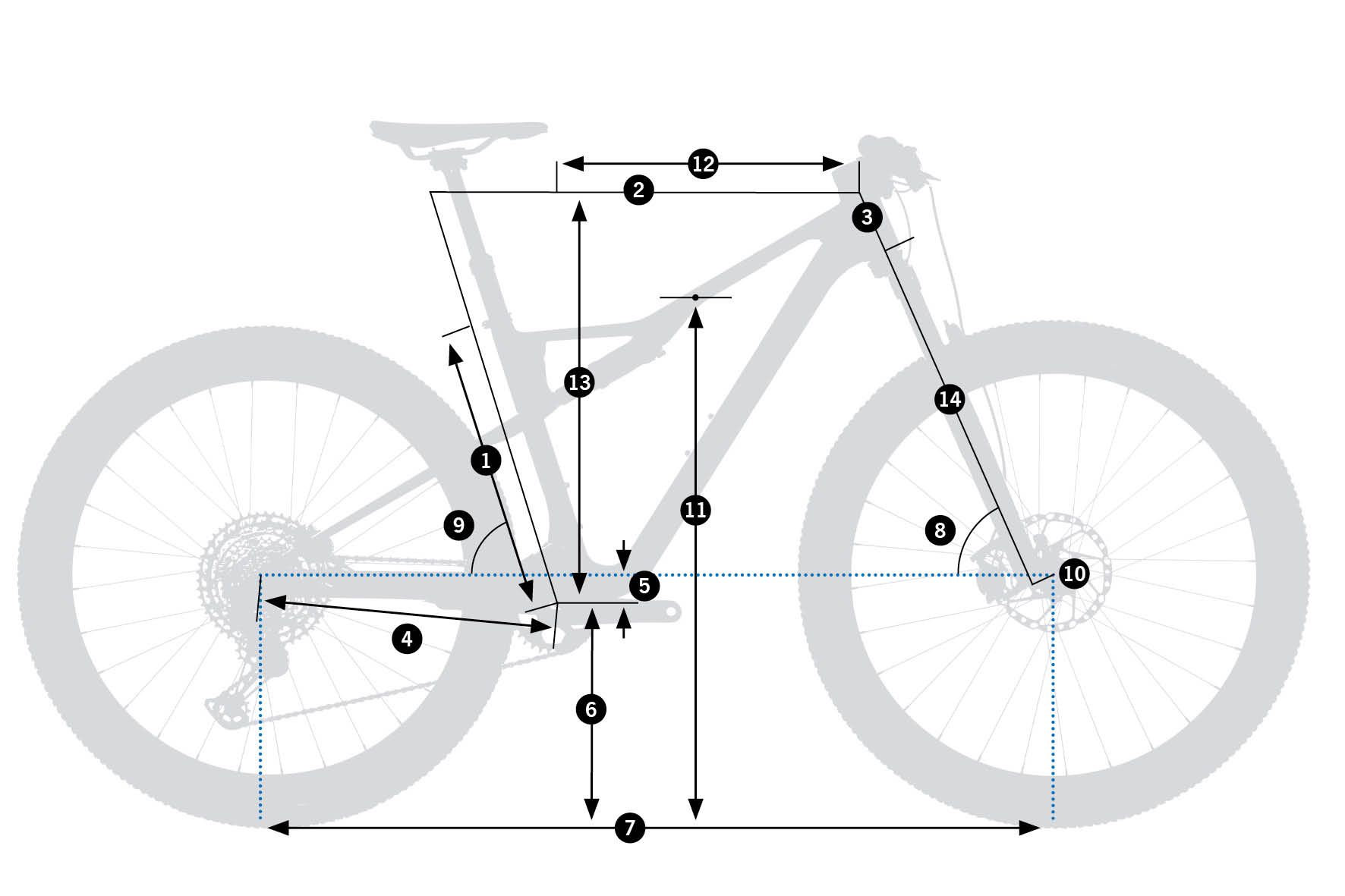 Orbea Oiz M21 2026 – schemat geometrii ramy z oznaczeniami wymiarów