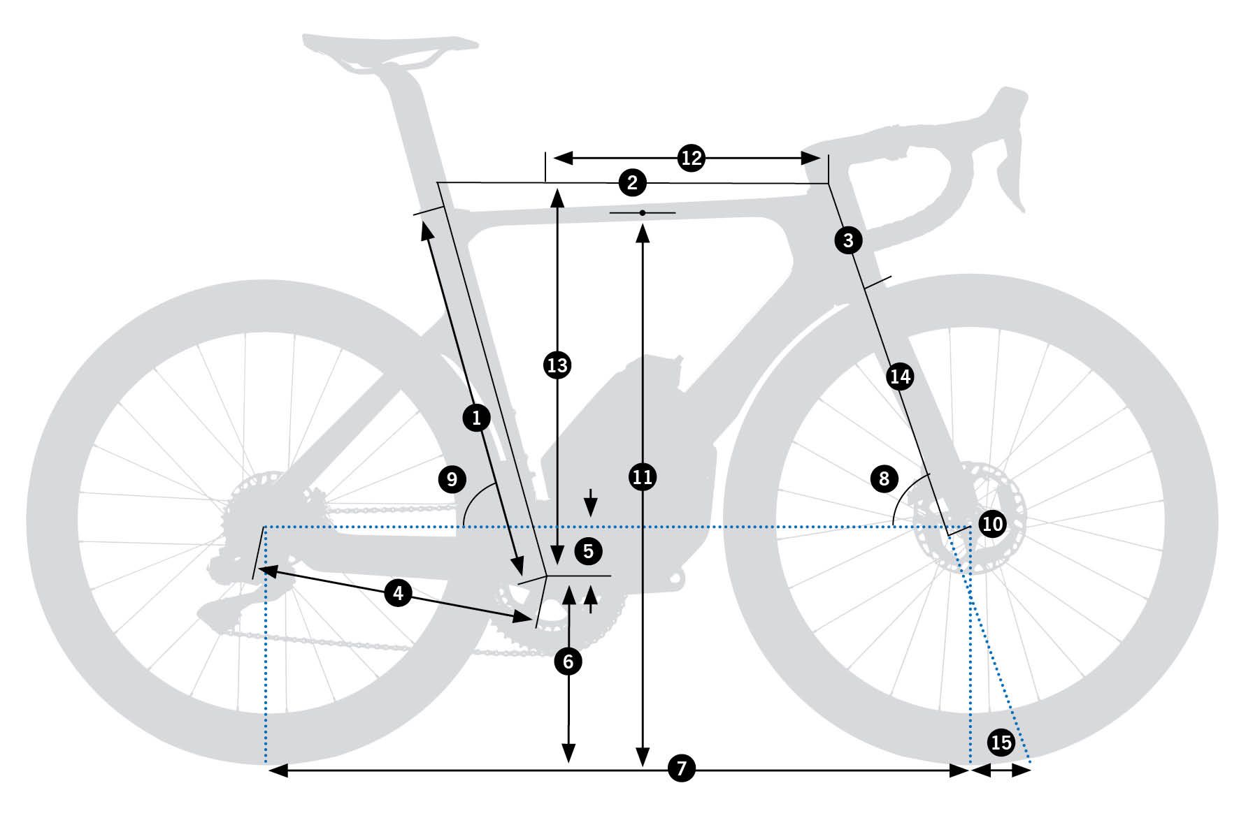 Orbea Orca Aero M35iLTD PWR 2026 – schemat geometrii ramy z oznaczeniami wymiarów